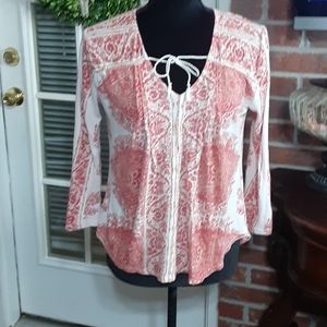 Lucky Brand red gold cream print 3/4 slv top small